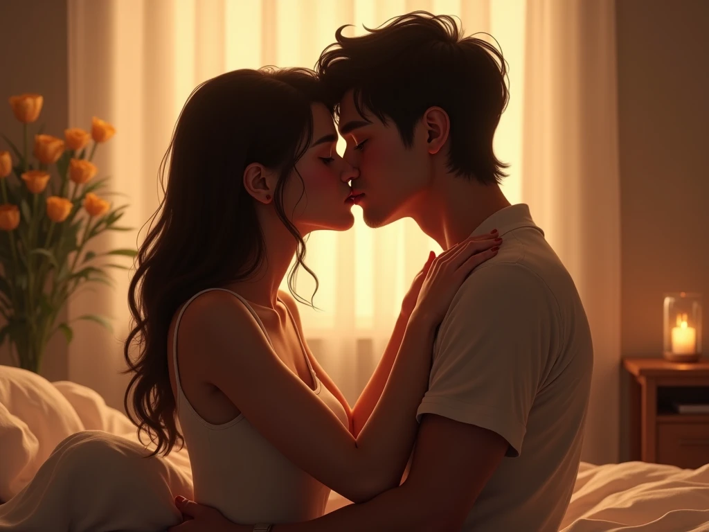 top-quality、超A high resolution、A hyper-realistic、reallistic、Raw photography、8k picture、Young beautiful woman kissing the nape of the neck from behind、((二人ともフルヌード:1.4))、((フルヌードの1男の子と1女の子:1.4))、Caressing a young handsome man、Sensual 2、hotels room、A young handsome man、Being kissed by a woman