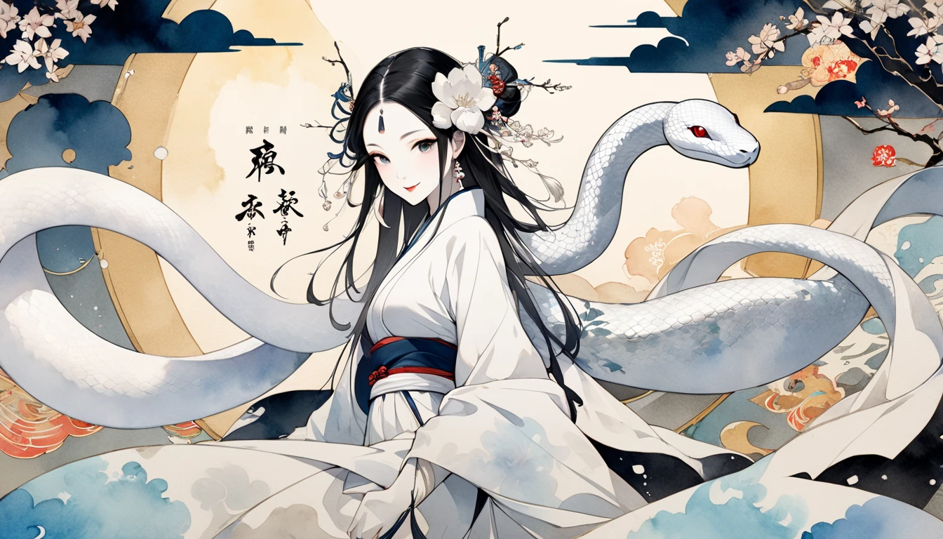 Text is centered in large, easy-to-understand characters, text "peace" and "happy new year", Create an image of a white snake woman painted in traditional ink style softly merging with a background lightly colored with watercolors, The white snake woman should have an enigmatic yet graceful expression with soft piercing eyes, She should emerge from a wispy ink cloud with delicate ink trails fading into the background, The large bold calligraphy text "peace" and "happy new year" should be centered prominently, Incorporate pastel watercolor touches in the background to create a mystical yet harmonious blend of monochrome ink and colorful watercolors, The white snake woman should appear to be smiling subtly blending into the watercolor backdrop creating an ethereal and serene visual, Surrealism, Ukiyo-e, Abstractionism, depth of field