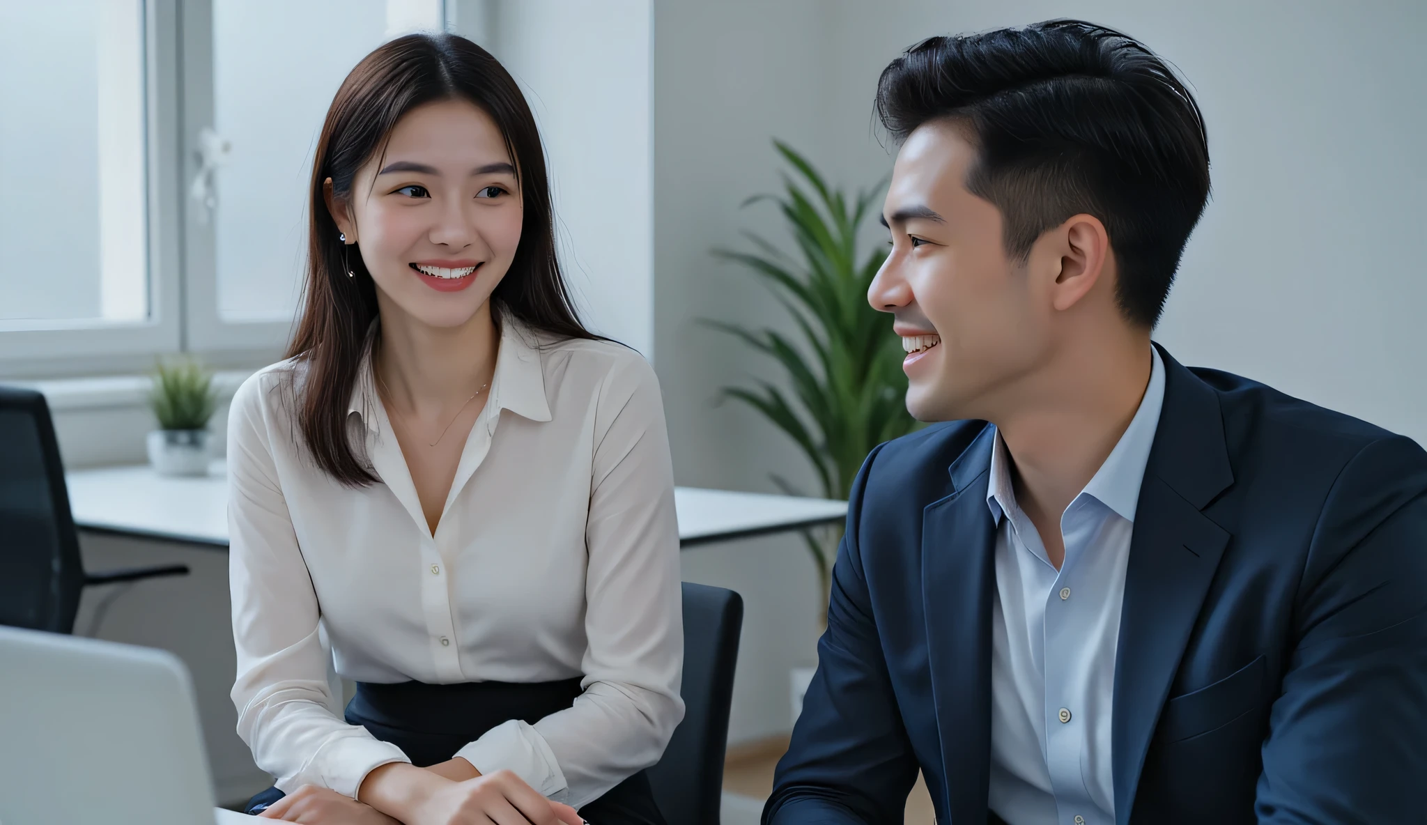 a hyper-realistic, 4K quality scene of a beautiful woman in an elegant office setting. She is dressed in a stylish white blouse paired with a fitted black pencil skirt, exuding professionalism. Her hair is neatly styled, and she wears subtle accessories like a silver watch and small pearl earrings, adding to her polished appearance.

The scene takes place at her desk in a modern, brightly lit office. She sits in front of a sleek computer, leaning slightly forward with a warm, playful smile as she chats with a handsome male colleague seated next to her. The man, wearing a tailored navy suit with a light blue shirt and no tie, laughs in response, his expression equally lighthearted.

The background features a contemporary office design with large windows letting in natural light, potted plants, and organized desks. The atmosphere is lively and friendly, with a focus on the chemistry and casual interaction between the two character.