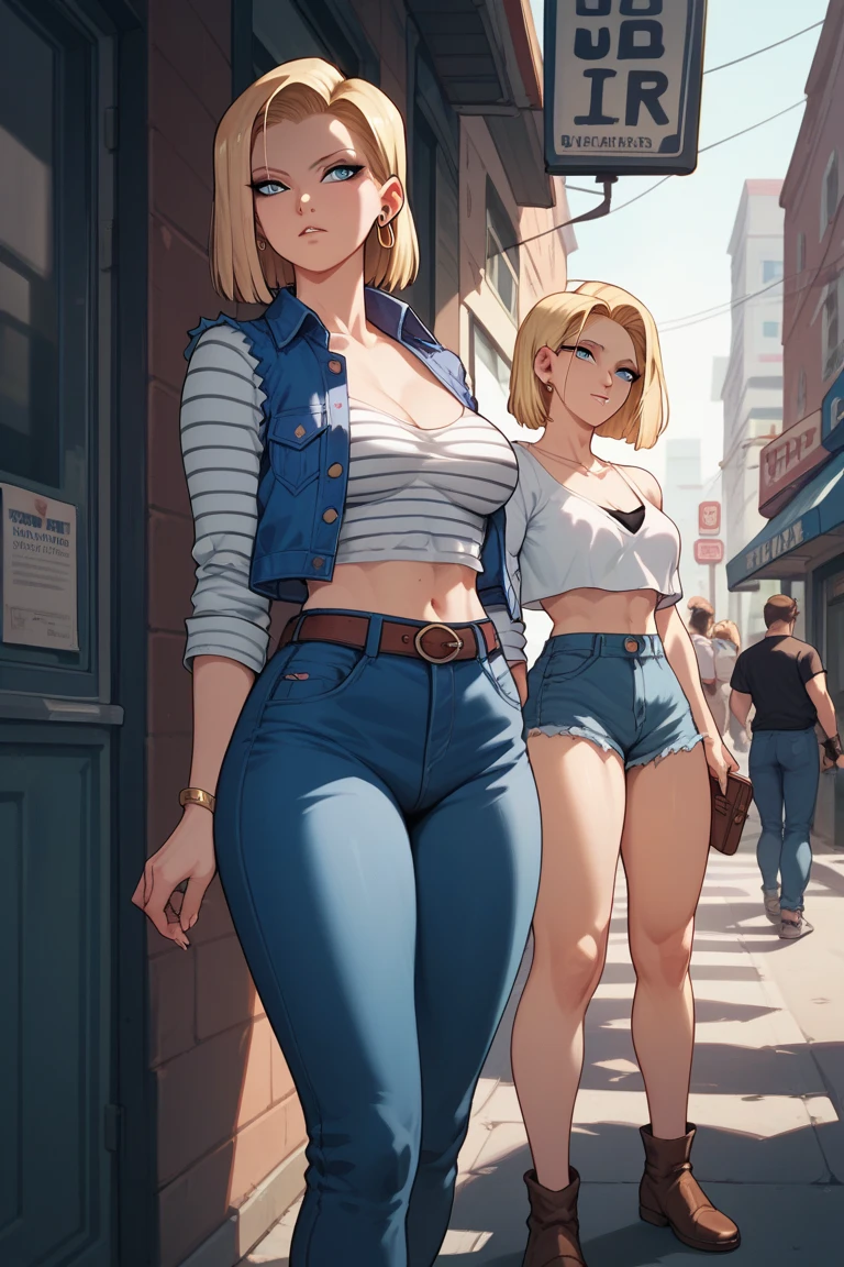 common woman, with big breasts, fine belt, large quadrille, jeans, leaning back against the wall 