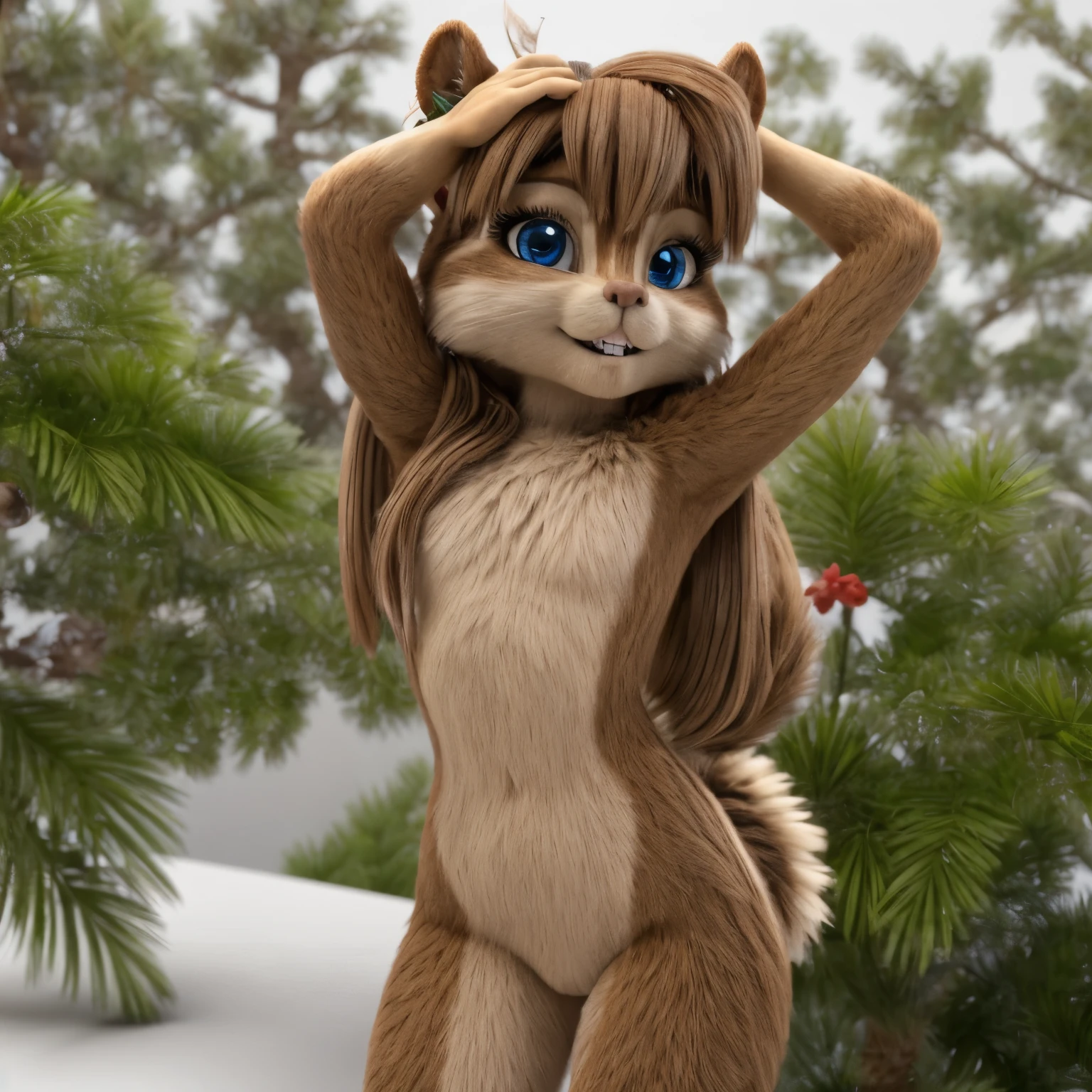 Brittanny _Miller, One, chipmunk,fluffy,feminine,striptease,stretches his arms up, frowned ,  frowned, light erotica,18+, rolls his eyes up, a hand gesture , erotic gestures, Flirting,young ,  3d Model, white background ,  sexy body  , 18+,light erotica, 3d Model,  small round chest  ,  tail sticks out  , fluffy, stands in full height , straight to the viewer , prays (a little plump:0.3), Cute, (small ears), (short muzzle),  long slanting bangs  ,  a long bundle of hair at the back of her head, hair ornament  ,grey-blue eyes, perfect lashes  ,  beautiful eyes, detailed fur,  perfect teeth 