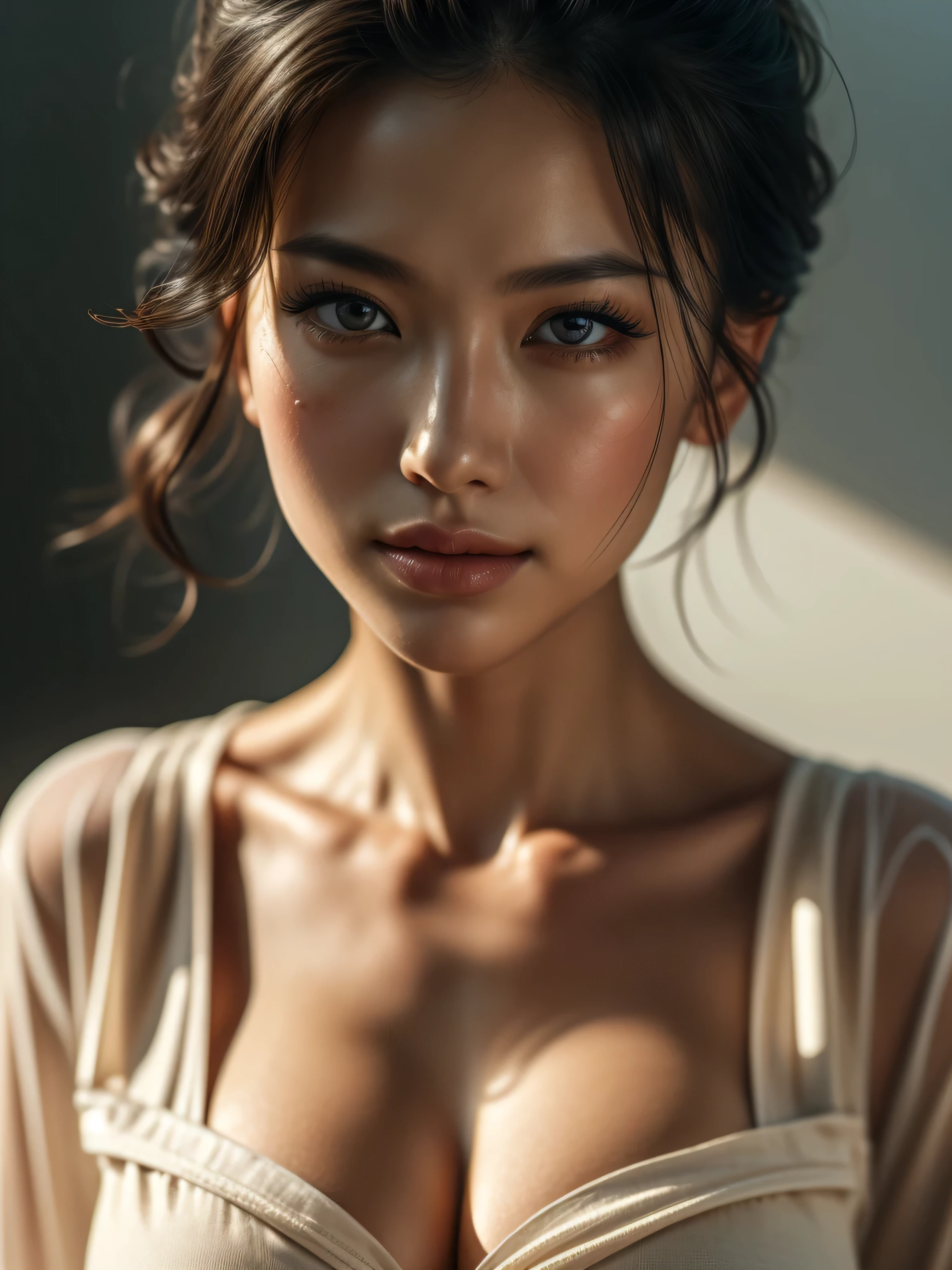 ((Masterpiece)), raw photo, Hyper realistic hyper-detailed half body portrait,A cowboy shot, UHD,  Captured with a Canon EOS R5, 1 mature woman, Extremely attractive Mature chinese woman, short hair,((Natural Tear drop breast 1.7))Breasts naturally fall in a teardrop shape, being less full on top and fuller on the bottom), slender body, wearing loose silk top, half body portrait, Extremely detailed face, [(extremely detailed:1.5)|(matte:1.7)|healthy] human skin, (intricate detailed eyes, eye focus), she is wearing beautiful jewelry. Natural full lips, detailed lips, detailed facial features, Natural healty skin, provocative flirty smile, Studio lighting, romatic lighting, stunning use of shadows, high resolution, 4k, 8k