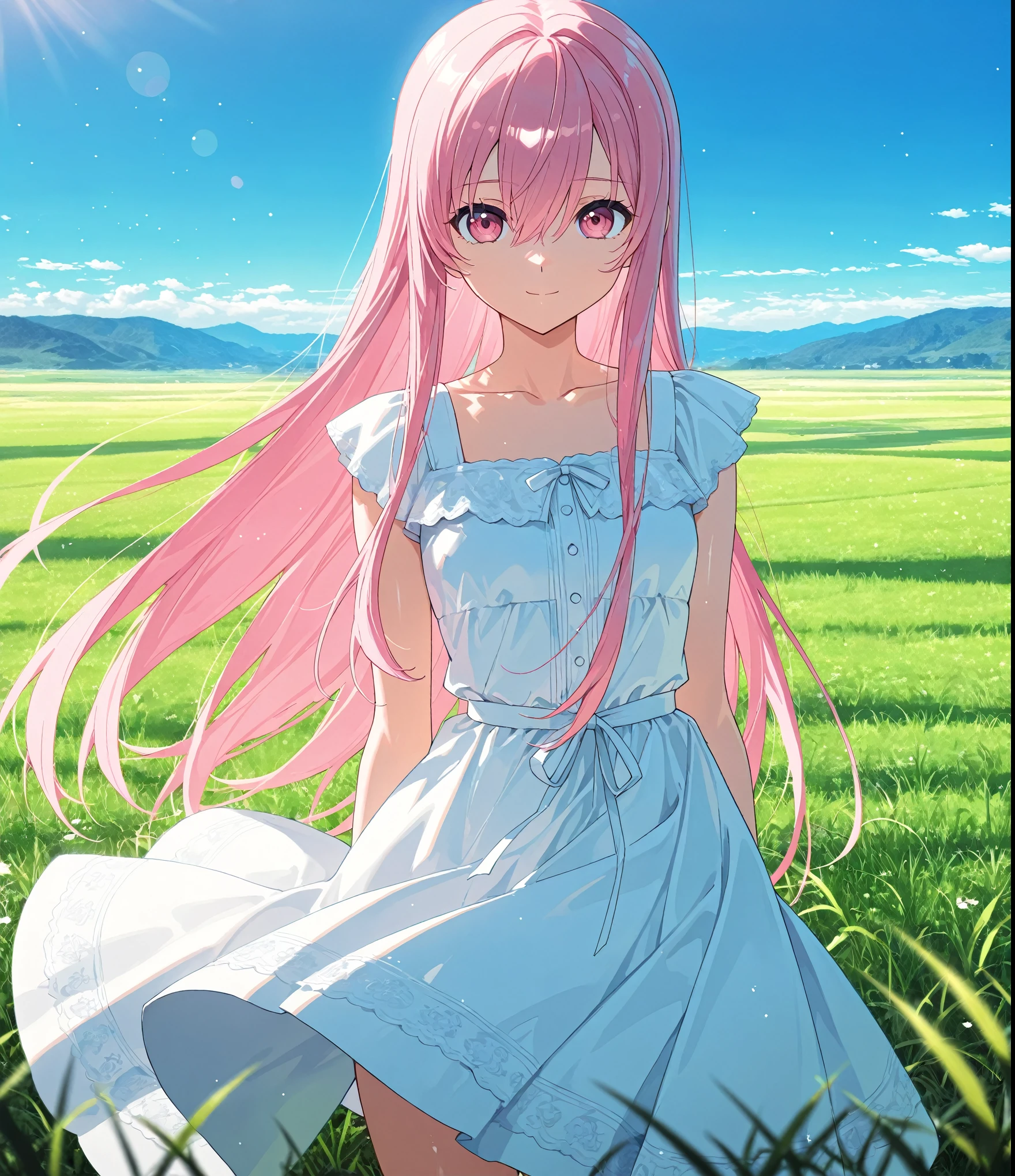 score_9, score_8_up, score_7_up, masterpiece, absurdres, source_anime,1girl, solo, adult, girl focus, adult, very detailed expressive eyes, aesthetic eyes, bright eyes, (bright pink eyes),  pink eyes, beautifully styled hair, very detailed hair, straight hair, (bright pink hair), long hair, hair between eyes, (straight hair), (straight loose hair),(styled loose hair), styled hair,  little smile, looking at viewer, small breasts, shiny skin, healthy skin colour, BREAK
((blue and white) summer dress, multicoloured dress), sunny, standing, green grass field, blue sky, sunny, half body, cowboy shot, BREAK
HDR, 8K, masterpiece, best quality, amazing quality, very aesthetic, high resolution, ultra-detailed, absurdres, newest, scenery, 
masterpiece, scenery, aesthetic detailed background, best quality, game cg aesthetics,
 beautiful detailed eyes, detailed skin, detailed hair, light particles,  photo background, depth of field, 
(masterpiece), best quality, ultra-detailed, 1024k UHD wallpaper, ultra-high resolution, depth of field, HDR, Ray tracing, RTX, high saturation, photon mapping, best texture quality, best compotitions, (extremely detailed CG 1024k wallpaper), High Details, Detailed face, Detailed Clothes, Ultra HD Photo, Perfect Face, expressive eyes, bright colours