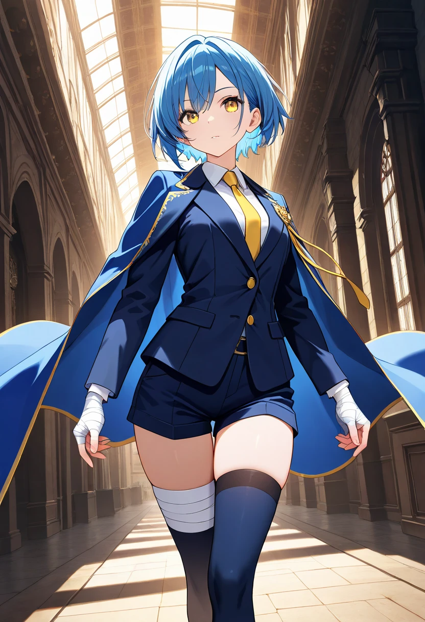 (((pixel-perfect, detail-perfect))), solo, 1girl, morgan le fay, smile, looking at viewer, black hair, braid, ponytail, hair bow, green eyes, supervillain, magician, black tuxedo, shirt, bow necktie, blue leotard, bare legs, boots, standing, solo focus, hands on hip, full body shot, mature lady, scotland backdrop, ultra highres, absurdres, beautiful face, detailed eyes, symmetric eyes, perfect body, good proportions
