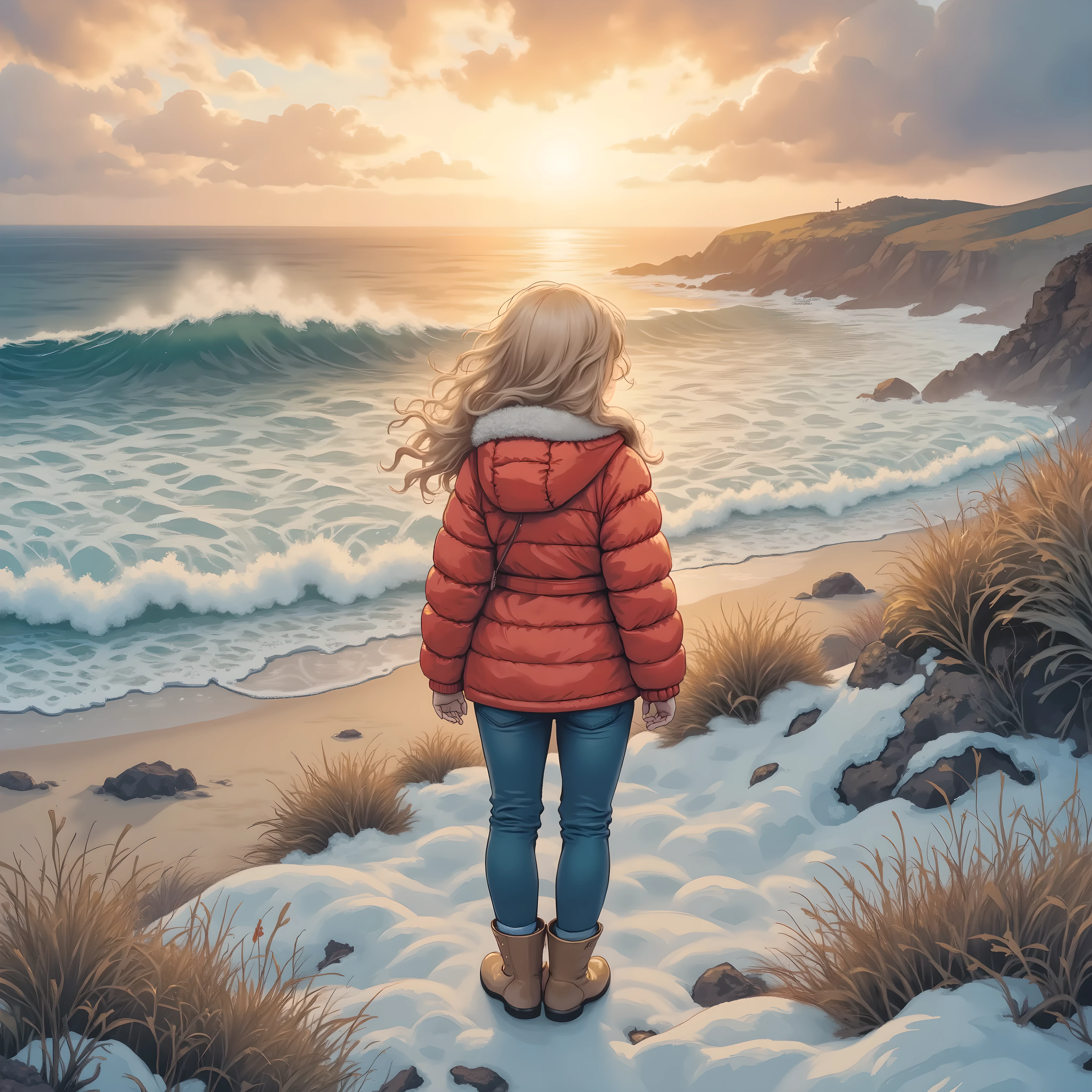 masterpiece:1.3, highres icon:1.3, (Alone:1.2, ), One Girl , red down jacket, jeans, boots, back:1.3, Big Shining First Sunrise \ beautiful expression , Coastline, morning glow\ very beautiful:1.3, Winter beach