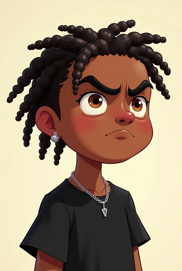 masterpiece, best quality,, TylerNguyen, 1boy, curly hair, black eyes, , brown hair, indoors, headband, clenched teeth, shirt, afro, dark skin, teeth, black hair, male focus, crossed arms, solo, child, earrings, striped shirt, aged down, sitting, jewelry, dark-skinned male