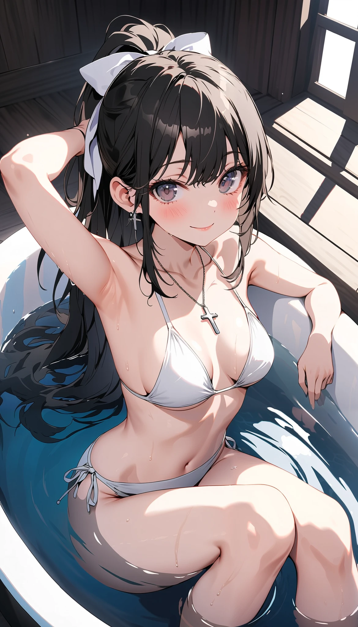 NSFW, 4k, masterpiece, high detail, best quality, super detail, very detailed, detailed light, best shadow, ((Anime)), blush, drooling,  closed mouth, sad, sadness, nervous, ((1girl, solo, asashio_kantaicollection, long hair, black hair)), ((restrained)), looking at viewer, (tied, shibari, tied up with rope:1.5), thighs, (arms behind back, spread legs:1.5), (in stocks pose), crucifixion, above sea level, open sea, splash, splashing, wave, night, full moon