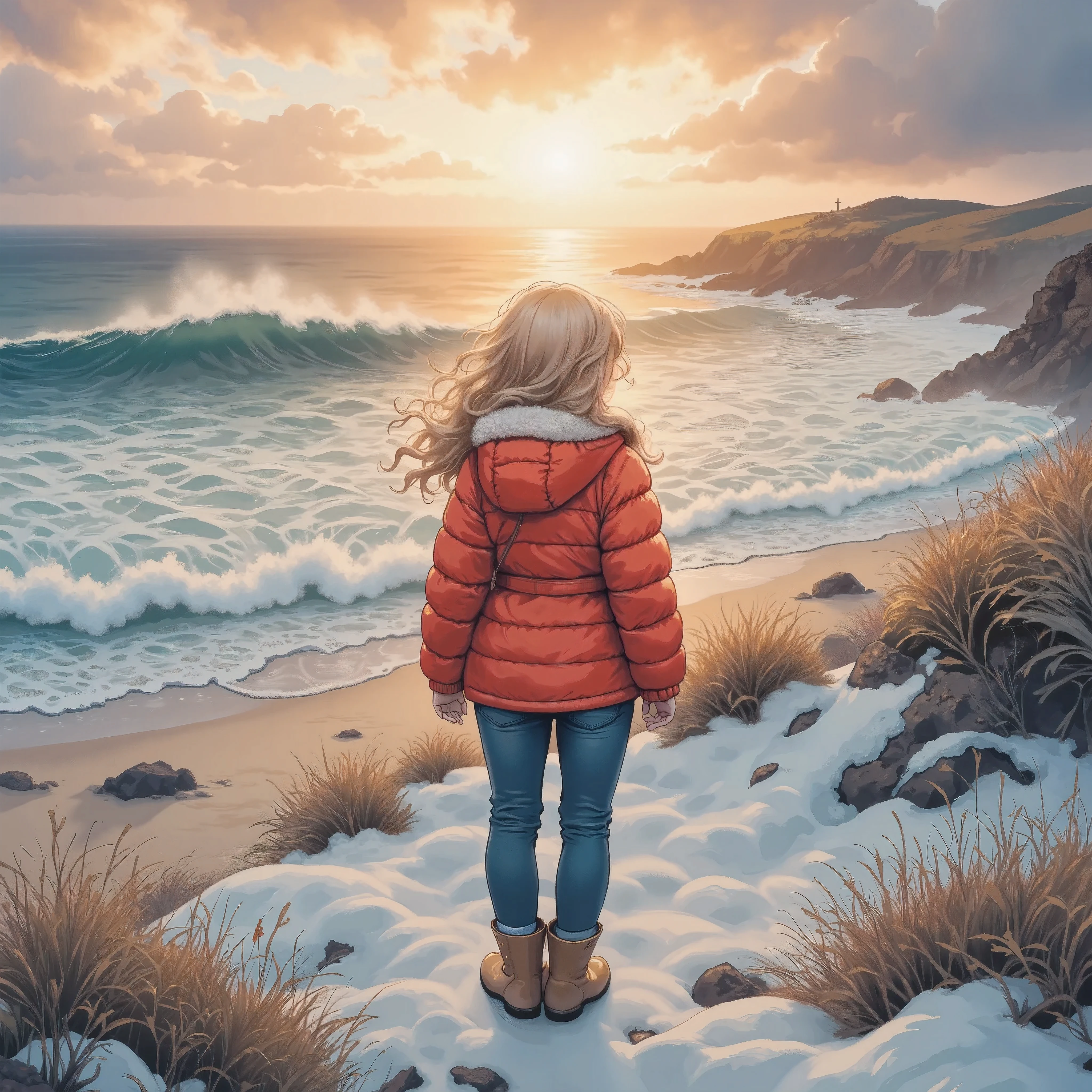 masterpiece:1.3,  highres icon:1.3, (Alone:1.2, ), One Girl ,  red down jacket,  jeans,  boots,  back:1.3, Big Shining First Sunrise \ beautiful expression , Coastline,  morning glow\ very beautiful:1.3, Winter beach