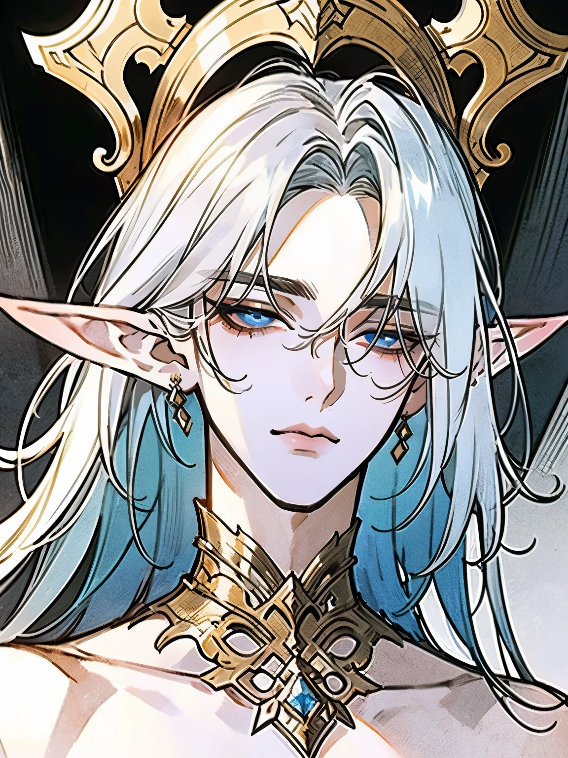 (portrait:1.3), Designed by NTY, (Best quality, 4K, 8K, a high resolution, masterpiece:1.2), A striking individual with ethereal grace
Expressive, piercing blue eyes, (detailed blue eyes, ultra-quality eyes:1.3), gazing with a calm intensity, (elf ears:1.3)
Long, cascading white hair with a silken sheen, radiating an aura of purity and mysticism
Anthropomorphic traits: elegant, elongated elven ears, enhancing his timeless, otherworldly appearance
Graceful attire in pristine white and golden tones, adorned with subtle, intricate patterns
A flowing sash tied at his waist, exuding an air of dignity and sophistication
Jewelry: refined and luminous, featuring delicate gold accents and crystalline details
Decorative embellishments reminiscent of celestial themes, merging light and serenity into his regal presence