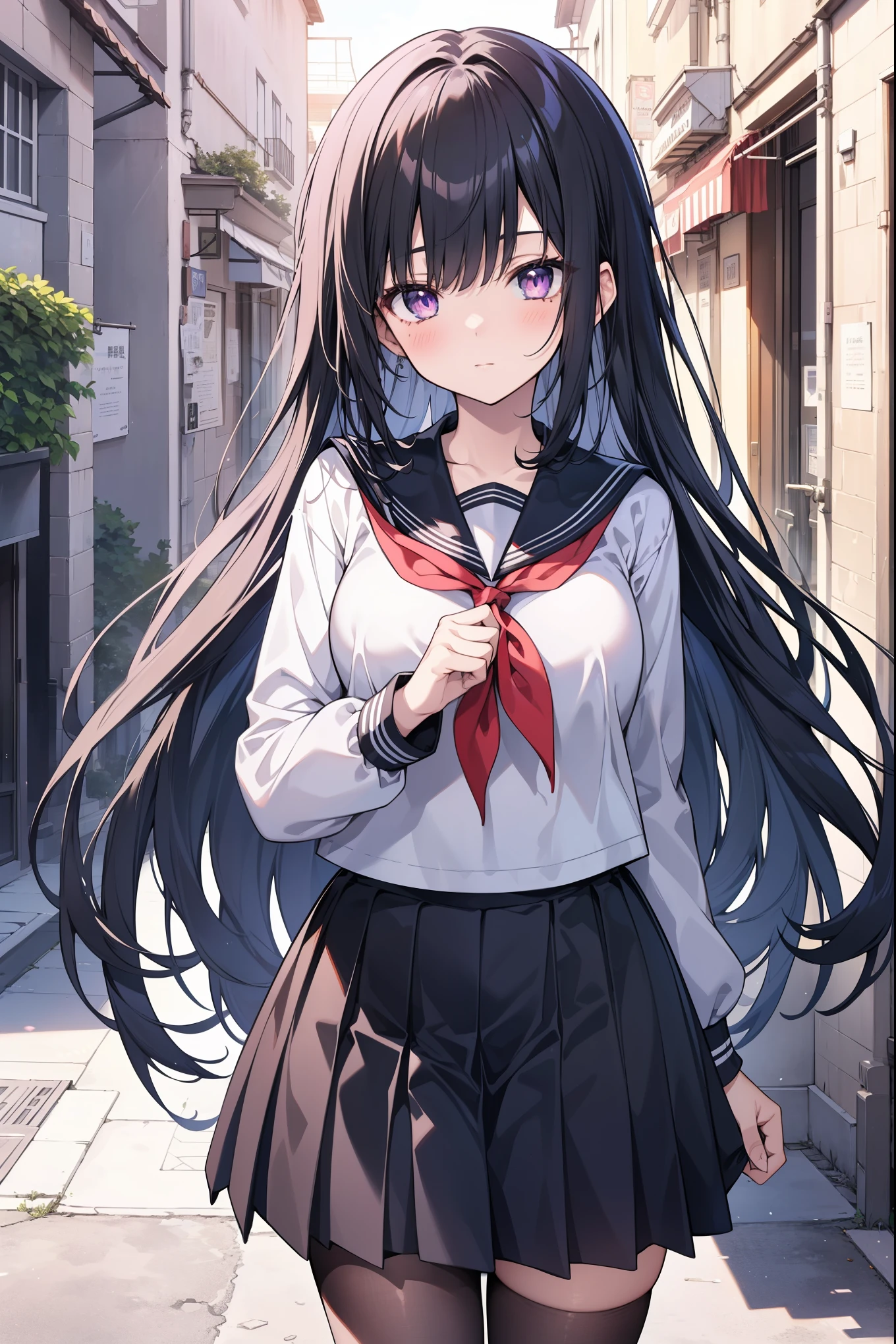 Anime girl with long black hair and a white shirt and red tie - SeaArt AI