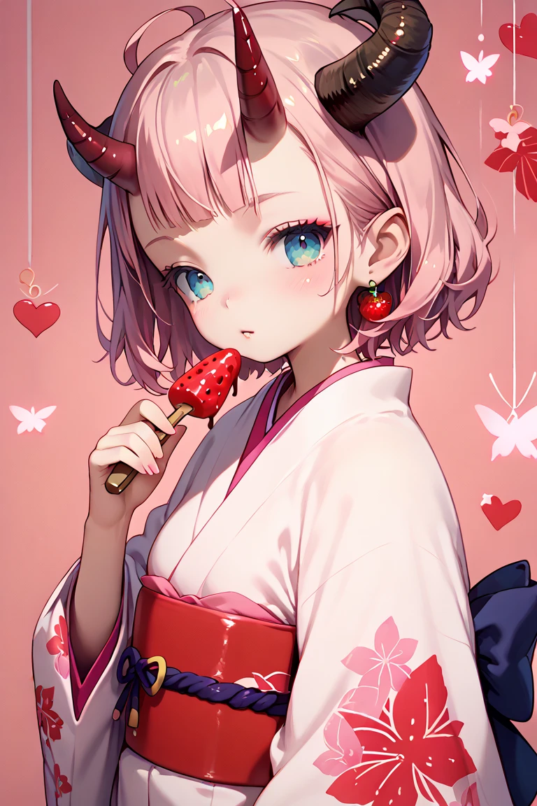 succubus with curved horns on her head, she is wearing a kimono, chocolate covered strawberries, red and pink valentine's day props background in a japanese room,  digital art, anime illustration, airbrush