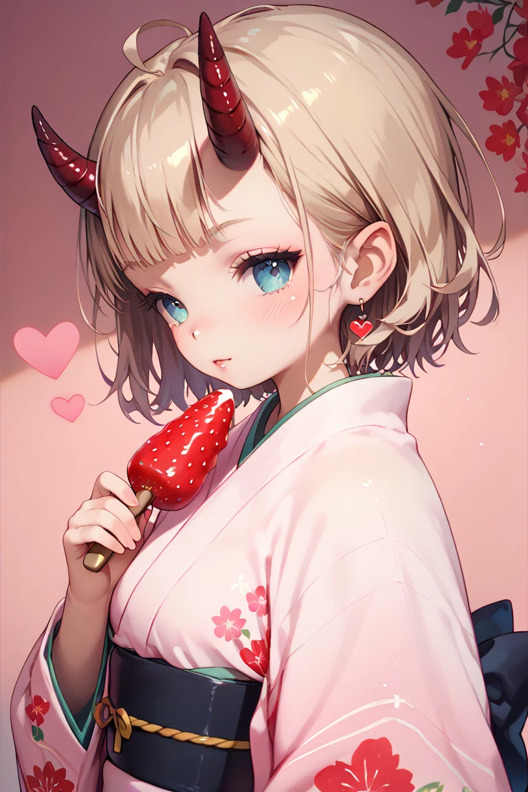 succubus with curved horns on her head, she is wearing a kimono, chocolate covered strawberries, red and pink valentine's day props background in a japanese room,  digital art, anime illustration, airbrush