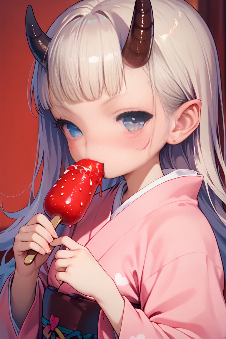 succubus with curved horns on her head, she is wearing a kimono, eating chocolate covered strawberries, ao face, flush face, red and pink valentine's day props background in a japanese room,  digital art, anime illustration, airbrush,