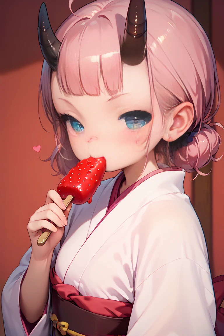 succubus with curved horns on her head, she is wearing a kimono, eating chocolate covered strawberries, ao face, flush face, red and pink valentine's day props background in a japanese room,  digital art, anime illustration, airbrush,