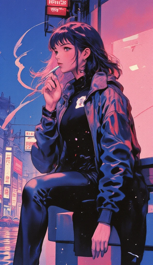 (   masterpiece,    better quality,   high resolution, 32k wallpaper,   extremely detailed CG  :1), (Very detailed and perfect illustration . . :1.0), ((A young and beautiful woman from Cyberpunk   ,    dynamic and sensual pose   ,    resting on a wall with one leg resting on the wall   : 1.5,    Head tilted forward lighting a cigarette   : 1.4, illuminated by cigarette light on his face   )),((cyberpunk clothing,   leather upper pants with ornaments and bright colors Cyberpunk nightlife)), neon signs, Futuristic cars, dark place,    heavy rain   , ((wet clothes,    magenta neon lights that perfectly illuminate the young man   :1.45).