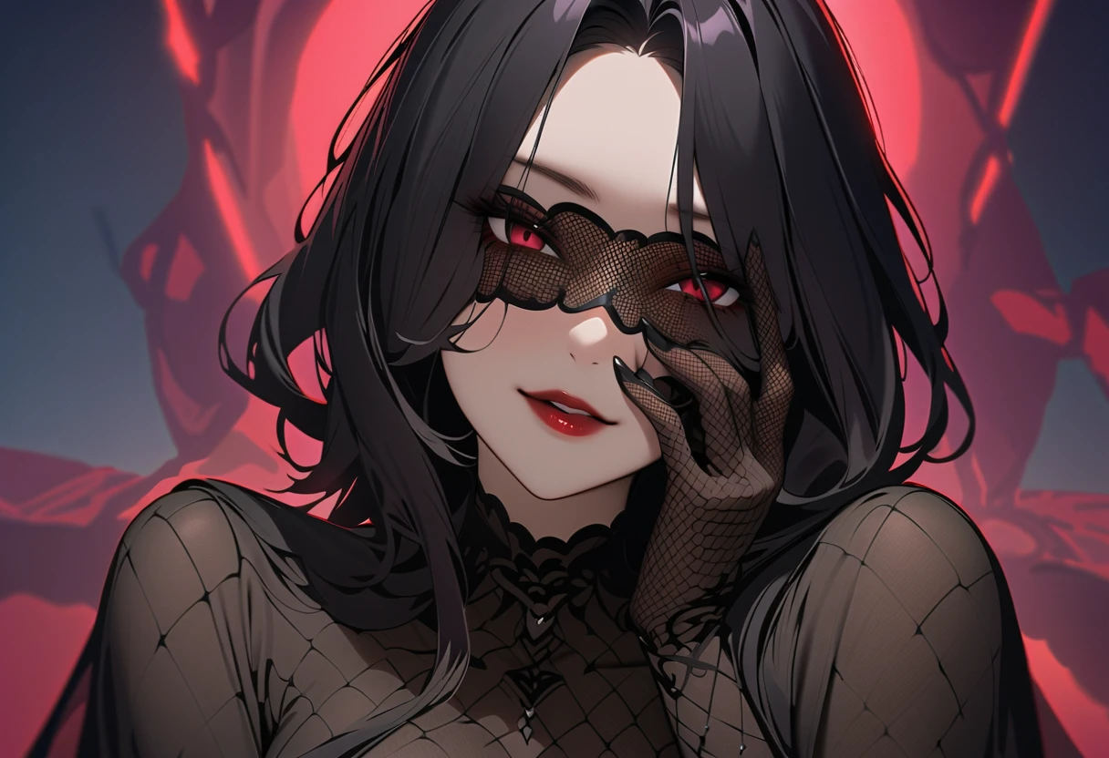 a woman black corset , with piercings, 1girl, solo, left half black hair, long hair, ring, right half silver hair, (((black lips))), (((ahegao))),
Vertical roll hair, blindfold,