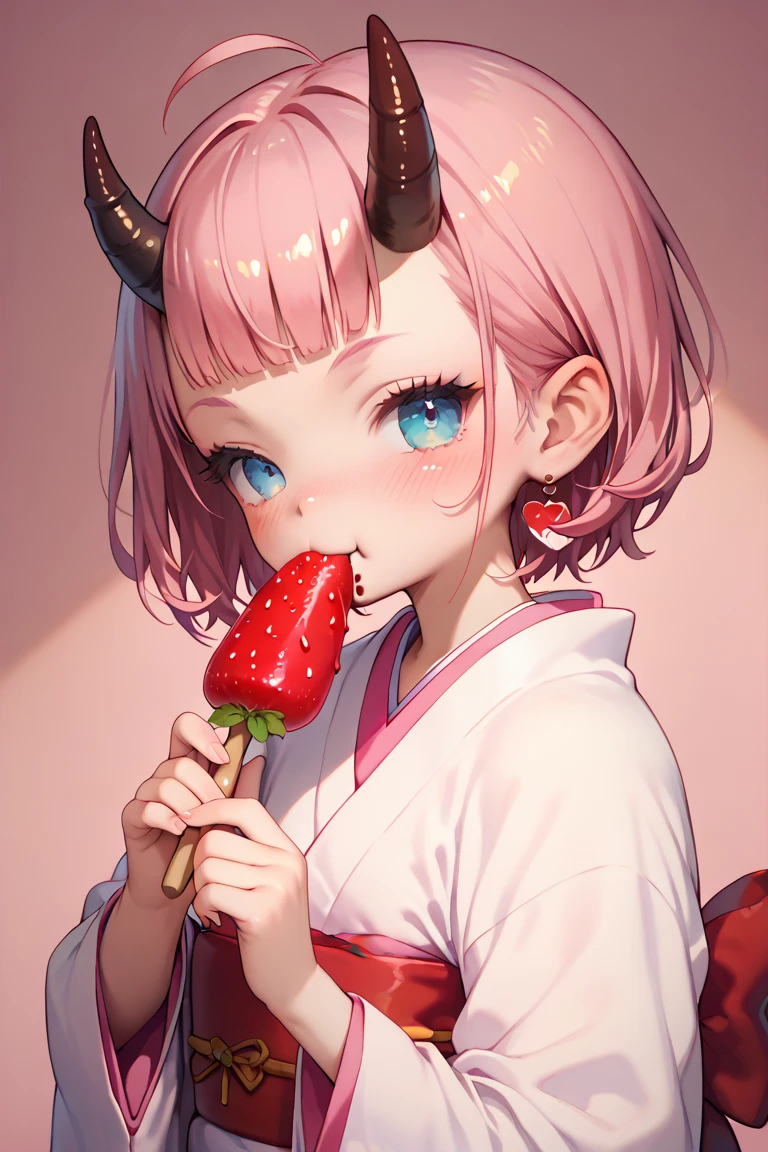 an adult afrocentric succubus with curved horns on her head, she is wearing a kimono, eating chocolate covered strawberries, ao face, flush face, red and pink valentine's day props background in a japanese room,  digital art, anime illustration, airbrush,