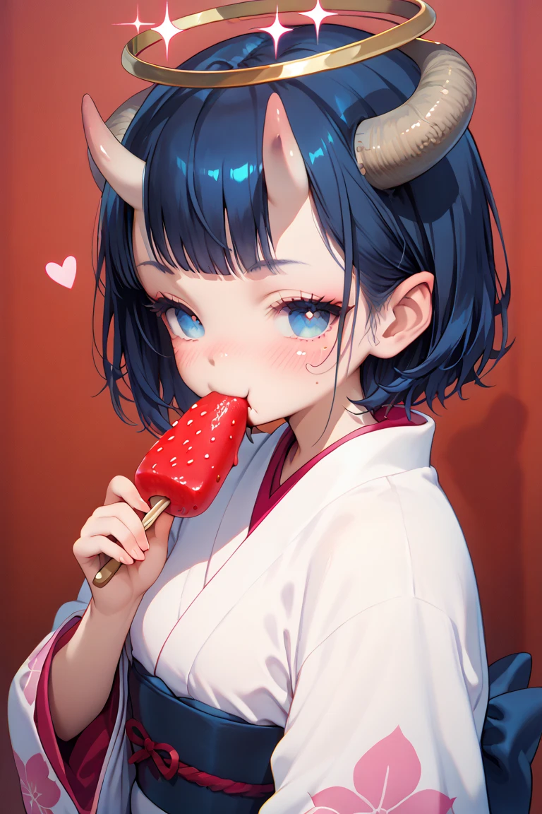 an adult afrocentric succubus with curved horns on her head, she is wearing a kimono, eating chocolate covered strawberries, ao face, flush face, red and pink valentine's day props background in a japanese room,  digital art, anime illustration, airbrush,