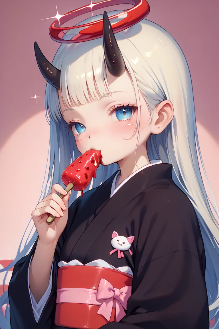 an adult afrocentric succubus with curved horns on her head, she is taking off a kimono, she is wearing eating chocolate covered strawberries, ao face, flush face, red and pink valentine's day props background in a japanese room,  digital art, anime illustration, airbrush,