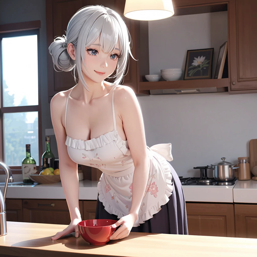 portrait of a 65-year-old woman with gray hair, seductive gaze, brown eyes, some wrinkles on her face, she  wearing a very sexy white apron that reveals a small breast, sits on the kitchen stool, 8k, detailed background, wrinkles on body, showing full body, full body, open your legs, quite small breasts are exposed, detailed face, detailed eyes, beautiful face