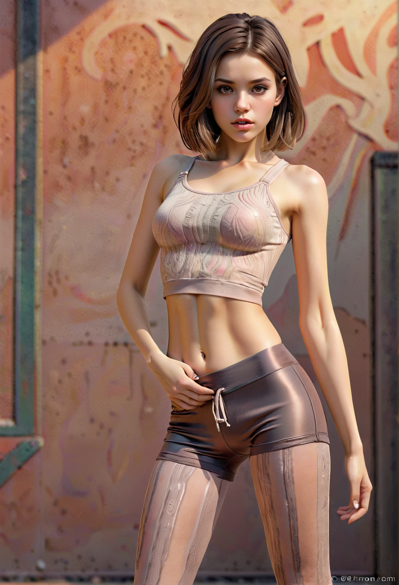 ( cinematic photo :1.3) from (thigh length photo:1.3),( slim:1.2) ((mini crop top, tight see-through leggings shorts, belly button)) beautiful girl , (Complex brown hair), very detailed texture кожи, realistic texture кожи, I look straight into the camera , ( Watch Viewers ) ), Puffy Face , , Shine, dramatic, dreamy, pastelный цветочный сад, elegant , Strange, kind, very detailed, difficult, UHD digital photography, Fantasy Theme , Narrow shoulders, Knee-high photos , beautiful young girl , small breasts, beautiful body, very detailedな全身ショット, dreamy, pastel, watercolor, Strange, kind, Detailed hair band, very detailed texture, realistic texture , digital paint, very detailedな写真 , (Art Deco: 1 .хfromоралfromм:1.3),(Classic Real Tom:1.3),(Fujifilm superior:1.3),, Golden Hour Light ,