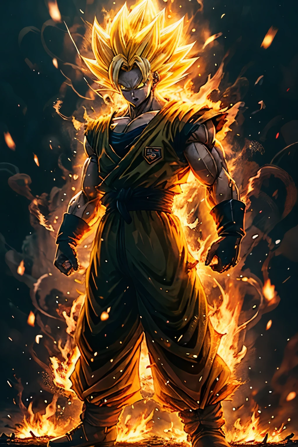 Super Saiyan one,1boy,artist name,aura,blonde hair,clenched hand,clenched hands,debris,dougi,electricity,embers,fire,gloves,glowing,male focus,muscular,orange background,solo,spiked hair,standing,teeth,torn clothes,veins,watermark