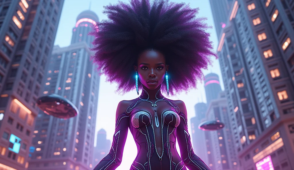 Young black woman with large purple afro hair wearing mirrored sunglasses and sexy hero costume
