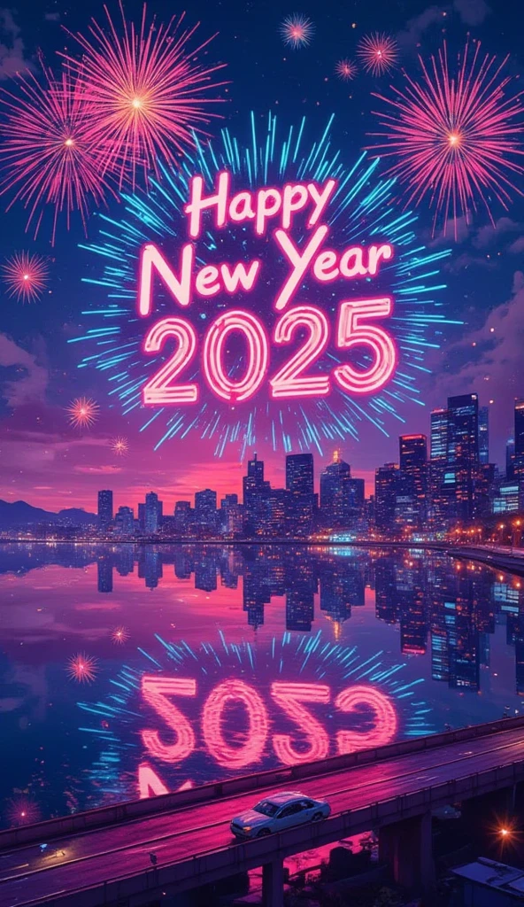 "Happy New Year 2025", Backdrop of a synthwave style image of a city reflected almost perfectly in the ocean at night, on the line that divides the city and the ocean is a highway, where a car is passing through. fireworks in the sky. the color is vividly displaying prominent neon-like pink, orange, and turquoise colors.