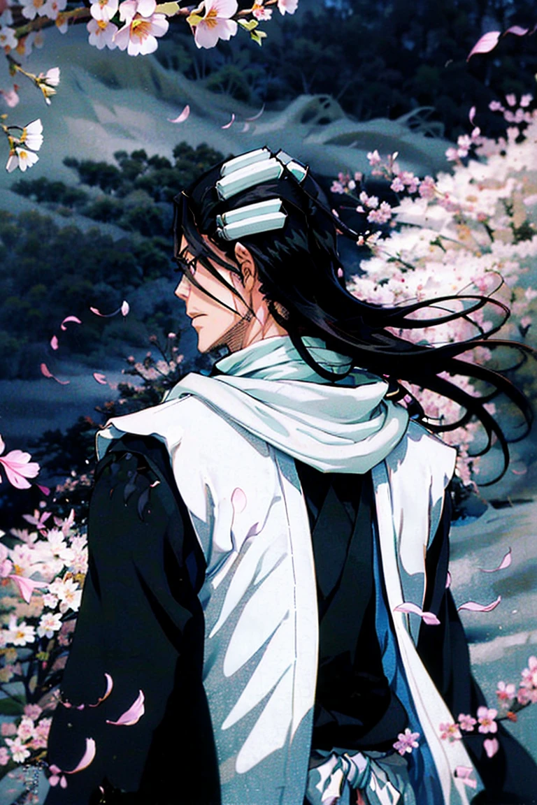  The long plan ,  the figure of a man ,  kind of behind,  back view , kuchiki byakuya  ( anime character from anime bleach ),  handsome man ,  Elegance , Confident,  dramatic composition ,  long black hair , flowing white scarf ,  black and white outfit , night sky,  flying sakura flowers  ( around character ),  mysterious atmosphere ,  cinematic perspective, no face ( no face visible), face in the shadow , face hidden by hair ,  Anime style 