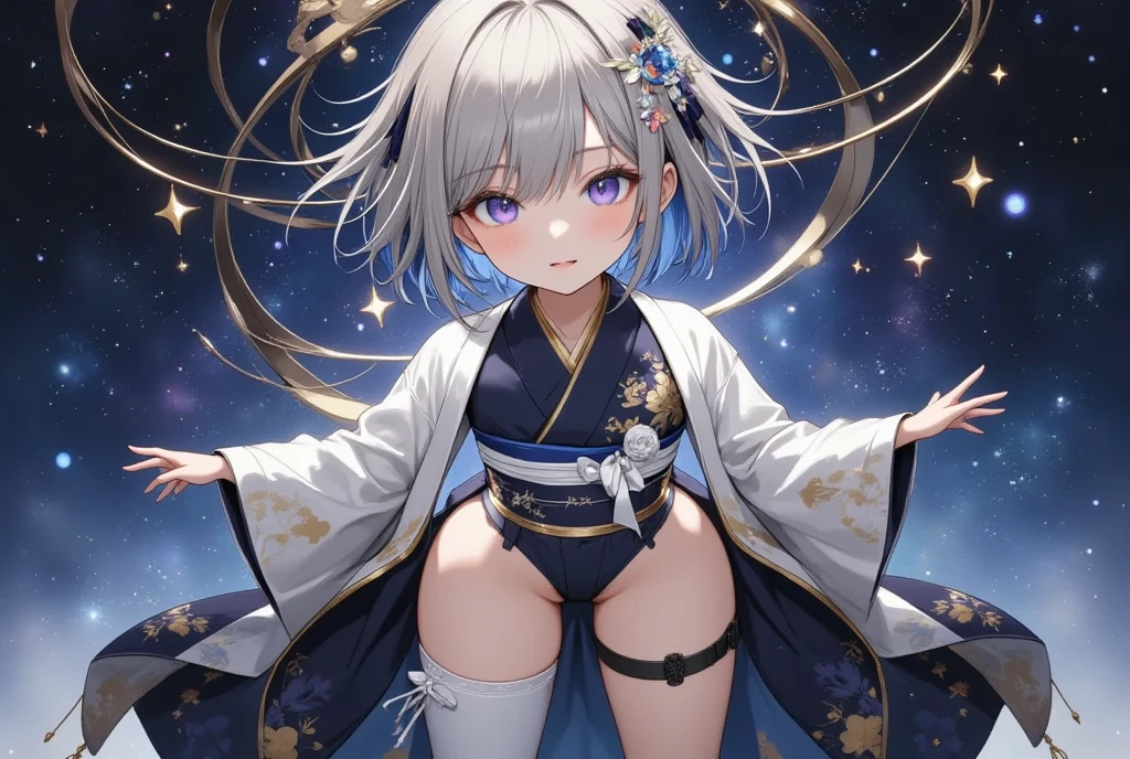  fresh illustration ,
Superfine painting,
 top quality,
 very delicate illustration ,
 Very fine details ,
 Beautiful Attractive Anime Women ,
 A Seductive Anime Girl,
 more details,
 beautifully refined,
Illustration of a girl,
 full body view,
Height: 158cm,
Fair skin,
 The right eye is blue and the left eye is purple, showing complete heterochromia,
 large black pupils ,
 beautiful eyes,
 super long hair,
 shiny hair ,
 The roots of the hair are blue and the others are gray ,
 The hair has a gradient
The forehead is exposed,
 pretty and cute face ,
 The cheeks are dyed a light pink,
 A small, shiny halo is floating on the back of the head,
Lowering the eyebrows,
 since age 27,
The upper half of the body is in a traditional Japanese kimono,
Overall white clothes ,
 lower body Nadres ,
The color of the belt is black ,
 The design is tastefully embroidered with gold thread,
 fine fabric clothing ,
Big Breasts,
 garter belt from behind,
 thigh strap ,
 thigh strap は肌に食い込んでいる,
 white long boots,
 Thin Waist,
Thick thighs,
Isometric,
Golden Ratio,
god々 like atmosphere,
 The undershirt is indigo-colored with a stand-up collar,
 outer space ,
There are multiple galaxies ,
Little Star々 upper body ,
 tactical use of shadows ,
 The hair and the halo on the head do not extend beyond the frame,
Clothes don't stick out of the angle of view ,
 waist shot ,
