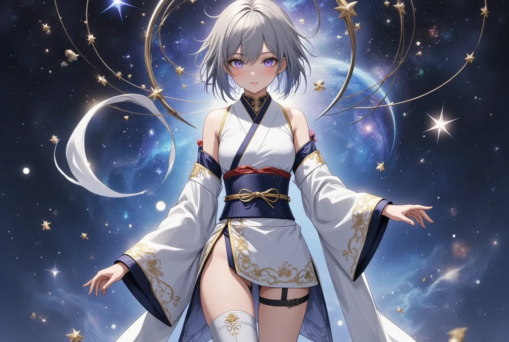  fresh illustration ,
Superfine painting,
 top quality,
 very delicate illustration ,
 Very fine details ,
 Beautiful Attractive Anime Women ,
 A Seductive Anime Girl,
 more details,
 beautifully refined,
Illustration of a girl,
 full body view,
Height: 158cm,
Fair skin,
 The right eye is blue and the left eye is purple, showing complete heterochromia,
 large black pupils ,
 beautiful eyes,
 super long hair,
 shiny hair ,
 The roots of the hair are blue and the others are gray ,
 The hair has a gradient
The forehead is exposed,
 pretty and cute face ,
 The cheeks are dyed a light pink,
 A small, shiny halo is floating on the back of the head,
Lowering the eyebrows,
 since age 27,
The upper half of the body is in a traditional Japanese kimono,
Overall white clothes ,
 lower body Nadres ,
The color of the belt is black ,
 The design is tastefully embroidered with gold thread,
 fine fabric clothing ,
Big Breasts,
 garter belt from behind,
 thigh strap ,
 thigh strap は肌に食い込んでいる,
 white long boots,
 Thin Waist,
Thick thighs,
Isometric,
Golden Ratio,
god々 like atmosphere,
 The undershirt is indigo-colored with a stand-up collar,
 outer space ,
There are multiple galaxies ,
Little Star々 upper body ,
 tactical use of shadows ,
 The hair and the halo on the head do not extend beyond the frame,
Clothes don't stick out of the angle of view ,
 waist shot ,
