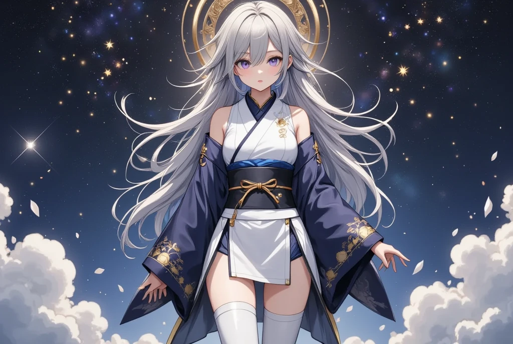  fresh illustration ,
Superfine painting,
 top quality,
 very delicate illustration ,
 Very fine details ,
 Beautiful Attractive Anime Women ,
 A Seductive Anime Girl,
 more details,
 beautifully refined,
Illustration of a girl,
 full body view,
Height: 158cm,
Fair skin,
 The right eye is blue and the left eye is purple, showing complete heterochromia,
 large black pupils ,
 beautiful eyes,
 super long hair,
 shiny hair ,
 The roots of the hair are blue and the others are gray ,
 The hair has a gradient
The forehead is exposed,
 pretty and cute face ,
 The cheeks are dyed a light pink,
 A small, shiny halo is floating on the back of the head,
Lowering the eyebrows,
 since age 27,
The upper half of the body is in a traditional Japanese kimono,
Overall white clothes ,
 lower body Nadres ,
The color of the belt is black ,
 The design is tastefully embroidered with gold thread,
 fine fabric clothing ,
Big Breasts,
 garter belt from behind,
 thigh strap ,
 thigh strap は肌に食い込んでいる,
 white long boots,
 Thin Waist,
Thick thighs,
Isometric,
Golden Ratio,
god々 like atmosphere,
 The undershirt is indigo-colored with a stand-up collar,
 outer space ,
There are multiple galaxies ,
Little Star々 upper body ,
 tactical use of shadows ,
 The hair and the halo on the head do not extend beyond the frame,
Clothes don't stick out of the angle of view ,
 waist shot ,
