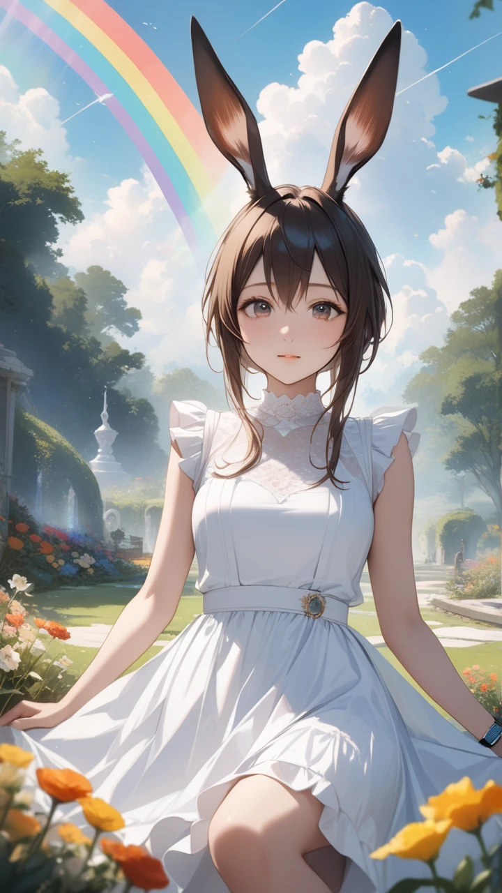  One Girl , Amiya \(arknights \),white dress, Rainbow,  Bunny Ears ,  upper body,Outdoors, garden, flower,  on the lawn,  Watch Viewers , (masterpiece), ( top quality), ( ultra detail),  very aesthetic,  illustration, Perfect piece, Moist Skin,  detailed information on dark black hair,  mysterious in another dimension, fantasy,