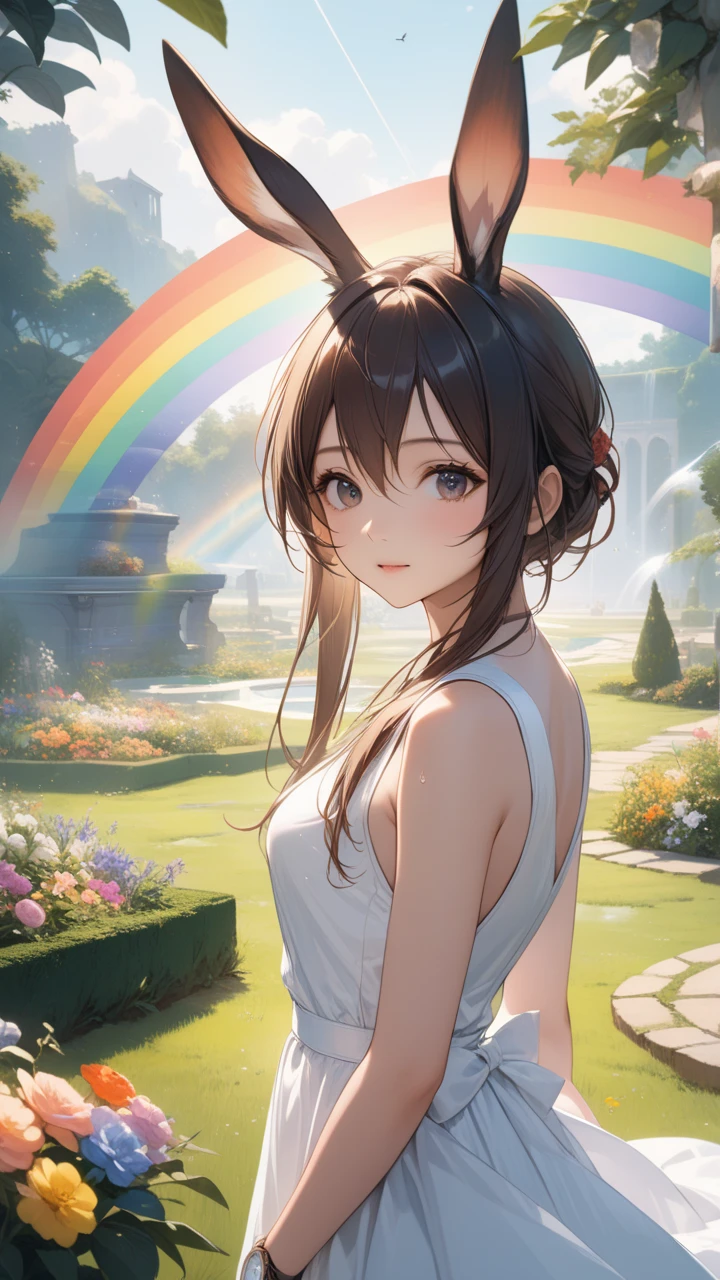  One Girl , Amiya \(arknights \),white dress, Rainbow,  Bunny Ears ,  upper body,Outdoors, garden, flower,  on the lawn,  Watch Viewers , (masterpiece), ( top quality), ( ultra detail),  very aesthetic,  illustration, Perfect piece, Moist Skin,  detailed information on dark black hair,  mysterious in another dimension, fantasy,