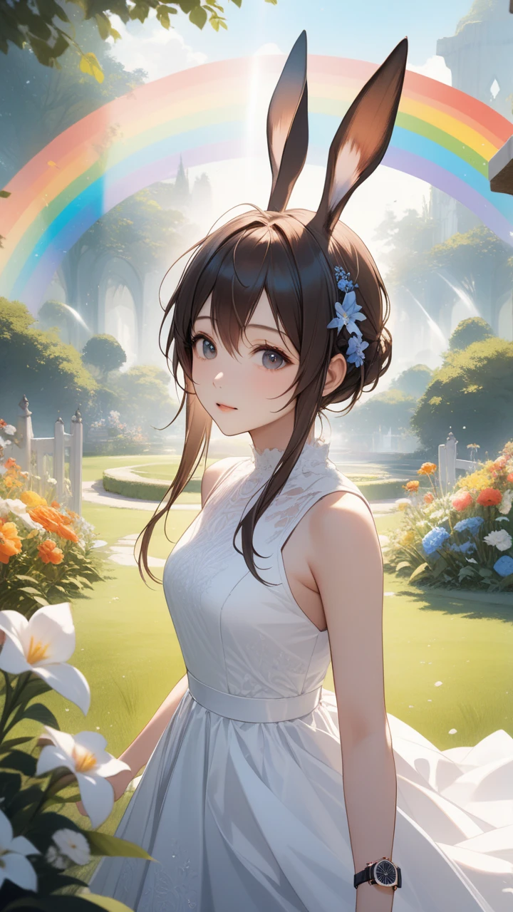  One Girl , Amiya \(arknights \),white dress, Rainbow,  Bunny Ears ,  upper body,Outdoors, garden, flower,  on the lawn,  Watch Viewers , (masterpiece), ( top quality), ( ultra detail),  very aesthetic,  illustration, Perfect piece, Moist Skin,  detailed information on dark black hair,  mysterious in another dimension, fantasy,