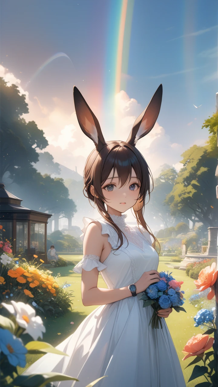  One Girl , Amiya \(arknights \),white dress, Rainbow,  Bunny Ears ,  upper body,Outdoors, garden, flower,  on the lawn,  Watch Viewers , (masterpiece), ( top quality), ( ultra detail),  very aesthetic,  illustration, Perfect piece, Moist Skin,  detailed information on dark black hair,  mysterious in another dimension, fantasy,