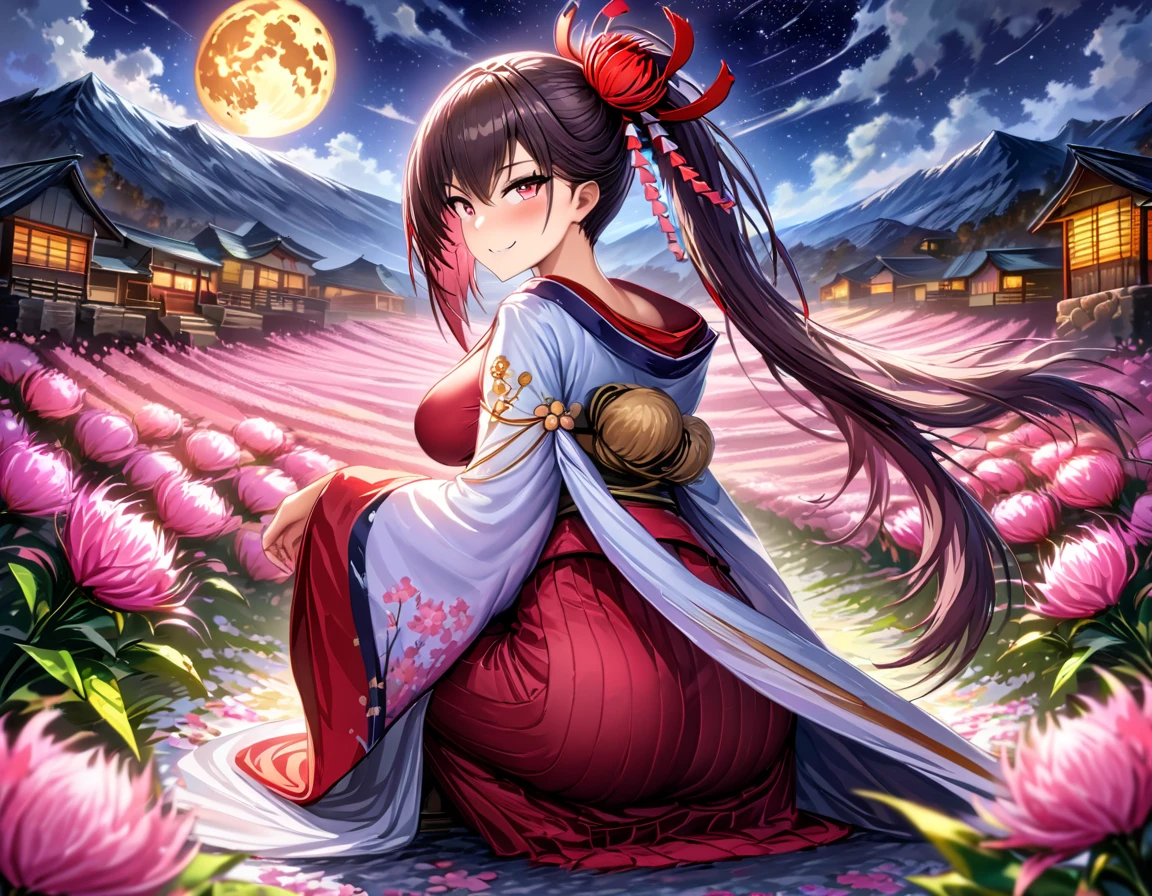 masterpiece,best quality, High score, absurdres, highly detailed, impressionism,a girl, Zuikaku\(Azurlane\),Kimono,smiling,looking back at the viewer, highly detailed face, highly detailed eyes, blushing,full body, dramatic lighting,warm lighting, medium breast, squatting,looking athe the viewer,hair ornaments,inside of a flower field,pink azalea flowers, detailed landscape,night time,from behind,starry night sky,full moon,