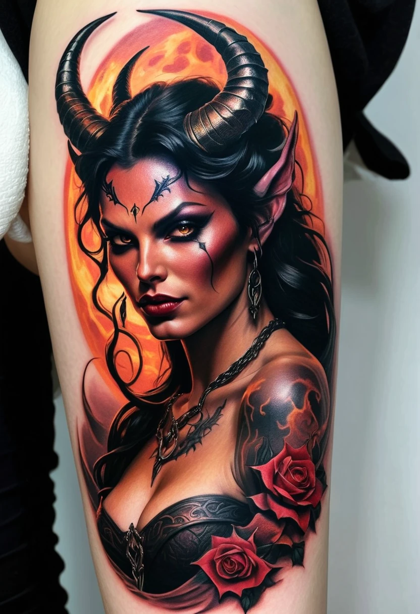 Black and red tattoo of a woman with a snake tail