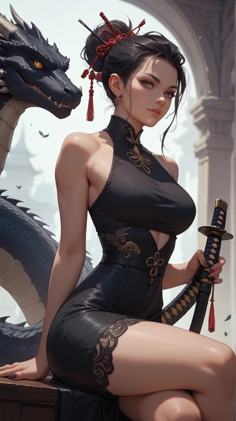 Official Art, Unified 8K Wallpapers, Ultra Detailed, Beautiful and Aesthetic, Masterpiece, Best Quality, (Zentangle, Tangle, Entangle), (fractal art: 1.4), (character center: 1.3), 1girl, black hair, Chinese, off-the-shoulders, short skirt, calf, navel, very detailed, dynamic angle, cowboyshot, (most beautiful form of chaos), ethereal, (bright colors), oc, (half: 1.2), china, (thangka flying sky: 1.5), (ribbon: 1.3), (dream: 1.5), (hanfu: 1.5), Chinese dragon, Chinese phoenix, (smile: 0.5), ( Chinese deities),