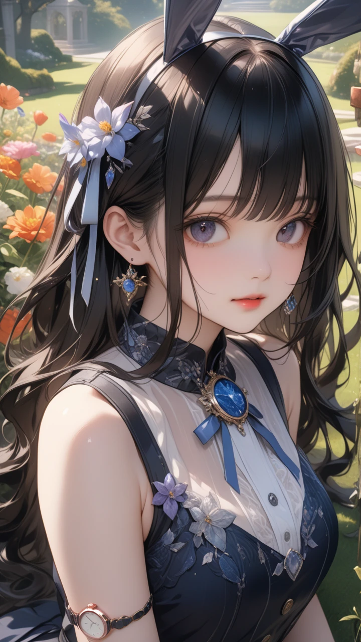  One Girl , Bunny Ears , (Delicate and beautiful silvery long hair:1.5,  Silver Hair:1.5), A variety of decorative clothes, Beautiful ornaments,  skirt ,  upper body, Outdoors, garden, flower,  on the lawn,  Watch Viewers , (masterpiece), ( top quality), ( ultra detail), Perfect piece, Moist Skin,  detailed information on dark black hair,  mysterious in another dimension, fantasy,Golden Bracelet\Upper arms