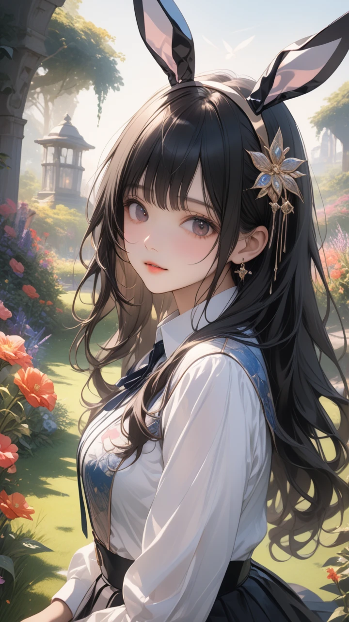  One Girl , Bunny Ears ,  long silvery hair , A variety of decorative clothes,  skirt ,  upper body, Outdoors, garden, flower,  on the lawn,  Watch Viewers , (masterpiece), ( top quality), ( ultra detail), Perfect piece, Moist Skin,  detailed information on dark black hair,  mysterious in another dimension, fantasy,