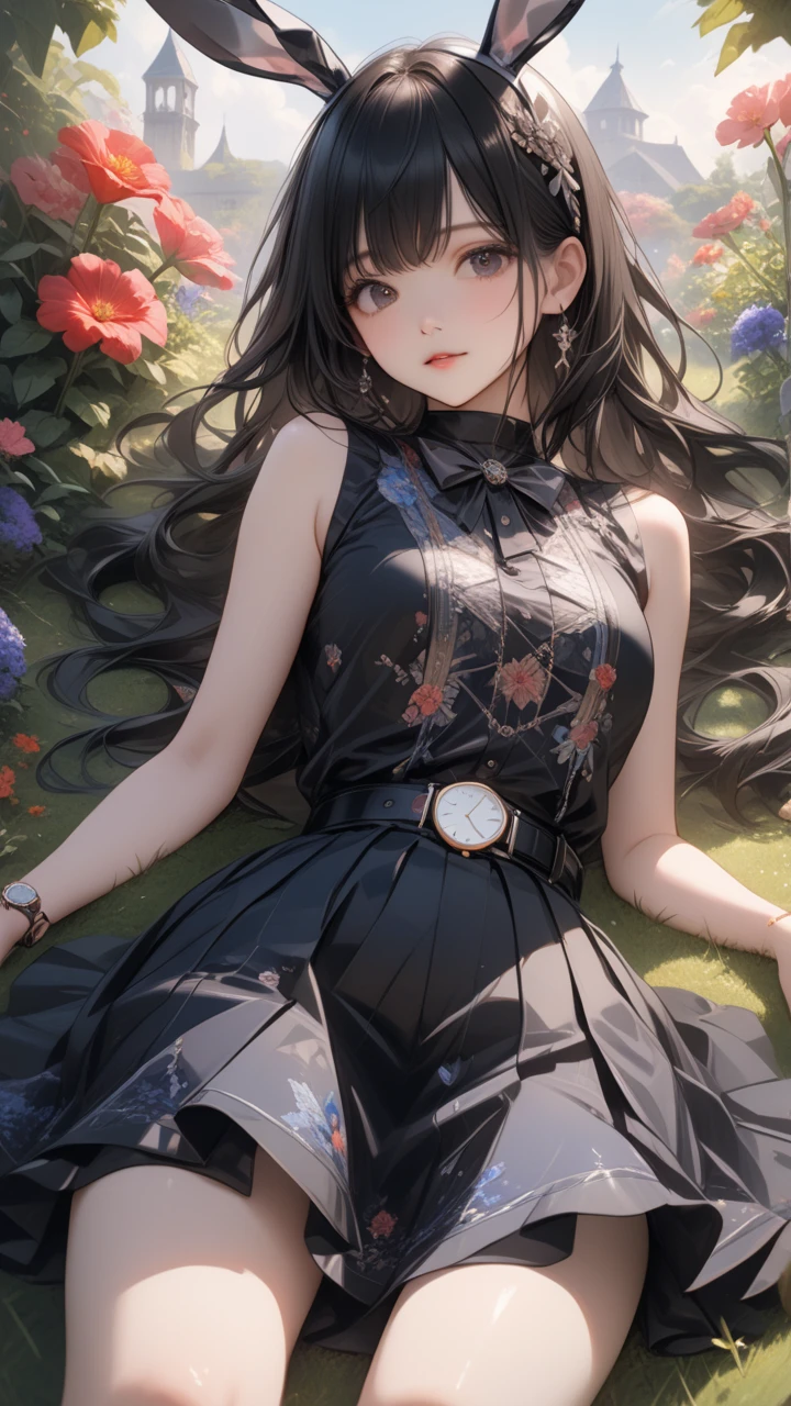  One Girl , Bunny Ears , (Delicate and beautiful silvery long hair:1.5,  Silver Hair:1.5), A variety of decorative clothes, Beautiful ornaments,  skirt ,  upper body, Outdoors, garden, flower,  on the lawn,  Watch Viewers , (masterpiece), ( top quality), ( ultra detail), Perfect piece, Moist Skin,  detailed information on dark black hair,  mysterious in another dimension, fantasy,Golden Bracelet\Upper arms