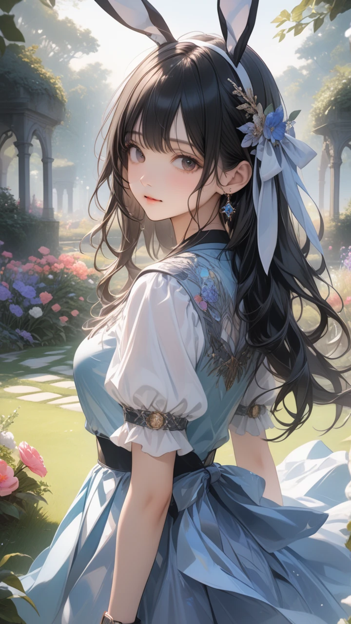  One Girl , Bunny Ears ,  long silvery hair , A variety of decorative clothes,  skirt ,  upper body, Outdoors, garden, flower,  on the lawn,  Watch Viewers , (masterpiece), ( top quality), ( ultra detail), Perfect piece, Moist Skin,  detailed information on dark black hair,  mysterious in another dimension, fantasy,