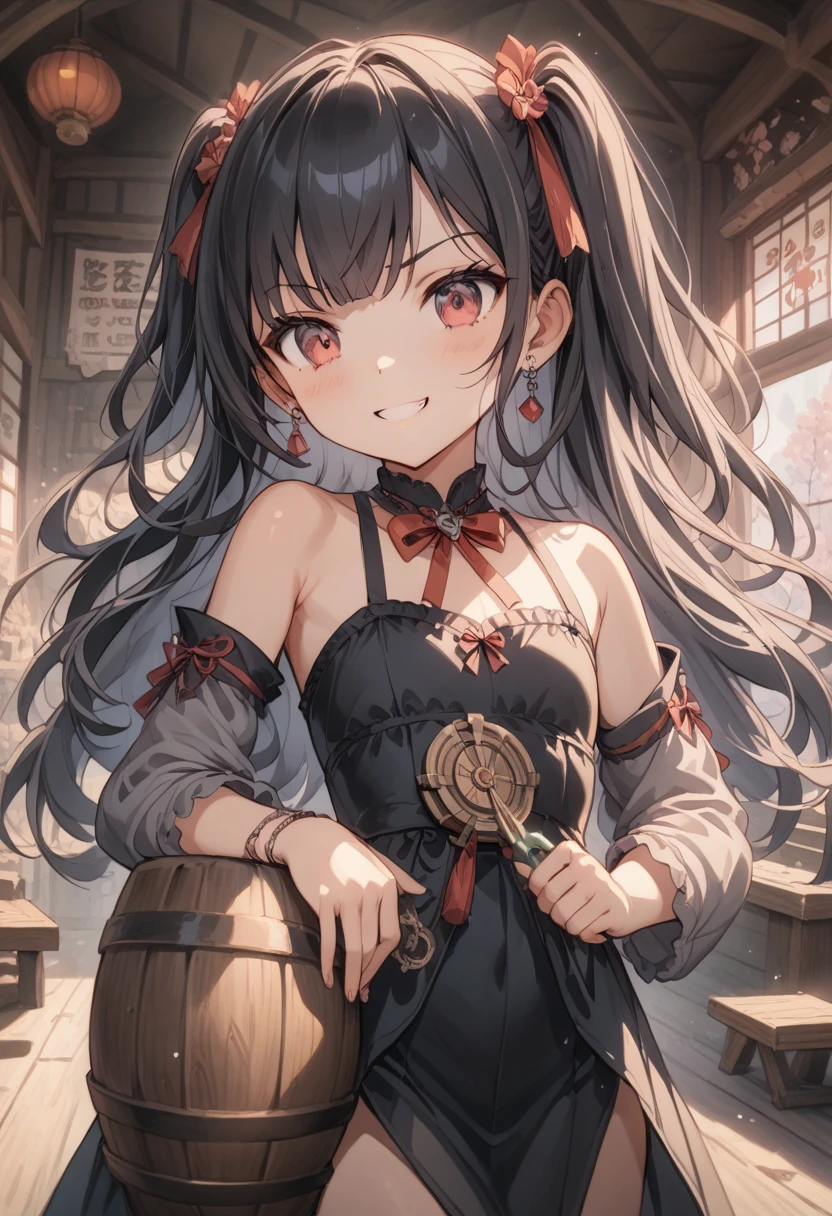 black hair, messy hair, bell, dragon horns, glaring, happy tears, wolf ears, food on face, pout, light smile, angry, annoyed, embarrassed, blush, tsundere, drooling, cowboy shot, nopan, pussy, peeing, urine, meadow, 8k, masterpiece