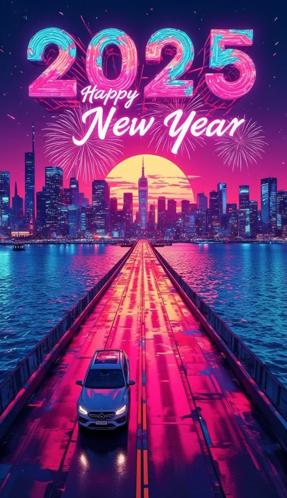 "Happy New Year 2025", Backdrop of a synthwave style image of a city reflected almost perfectly in the ocean at night, on the line that divides the city and the ocean is a highway, where a car is passing through. fireworks in the sky. the color is vividly displaying prominent neon-like pink, orange, and turquoise colors.