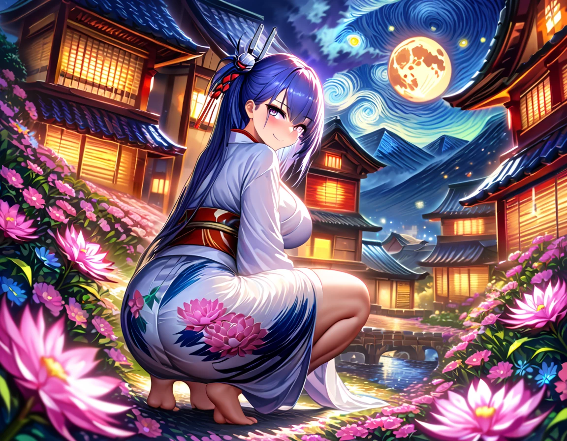 masterpiece,best quality, High score, absurdres, highly detailed, impressionism,a girl, Zuikaku\(Azurlane\),Kimono,smiling,looking back at the viewer, highly detailed face, highly detailed eyes, blushing,full body, dramatic lighting,warm lighting, medium breast, squatting,looking athe the viewer,hair ornaments,inside of a flower field,pink azalea flowers, detailed landscape,night time,from behind,starry night sky,full moon,