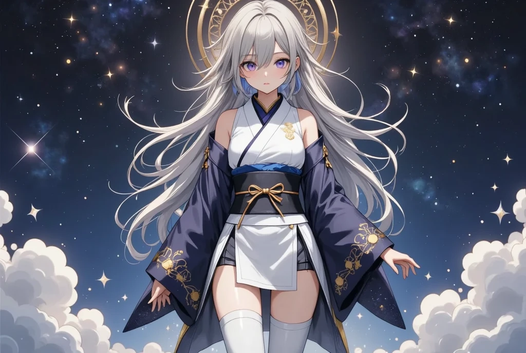  fresh illustration ,
Superfine painting,
 top quality,
 very delicate illustration ,
 Very fine details ,
 Beautiful Attractive Anime Women ,
 A Seductive Anime Girl,
 more details,
 beautifully refined,
Illustration of a girl,
 full body view,
Height: 158cm,
Fair skin,
 The right eye is blue and the left eye is purple, showing complete heterochromia,
 large black pupils ,
 beautiful eyes,
 super long hair,
 shiny hair ,
 The roots of the hair are blue and the others are gray ,
 The hair has a gradient
The forehead is exposed,
 pretty and cute face ,
 The cheeks are dyed a light pink,
 A small, shiny halo is floating on the back of the head,
Lowering the eyebrows,
 since age 27,
The upper half of the body is in a traditional Japanese kimono,
Overall white clothes ,
 lower body Nadres ,
The color of the belt is black ,
 The design is tastefully embroidered with gold thread,
 fine fabric clothing ,
Big Breasts,
 garter belt from behind,
 thigh strap ,
 thigh strap は肌に食い込んでいる,
 white long boots,
 Thin Waist,
Thick thighs,
Isometric,
Golden Ratio,
god々 like atmosphere,
 The undershirt is indigo-colored with a stand-up collar,
 outer space ,
There are multiple galaxies ,
Little Star々 upper body ,
 tactical use of shadows ,
 The hair and the halo on the head do not extend beyond the frame,
Clothes don't stick out of the angle of view ,
 waist shot ,
