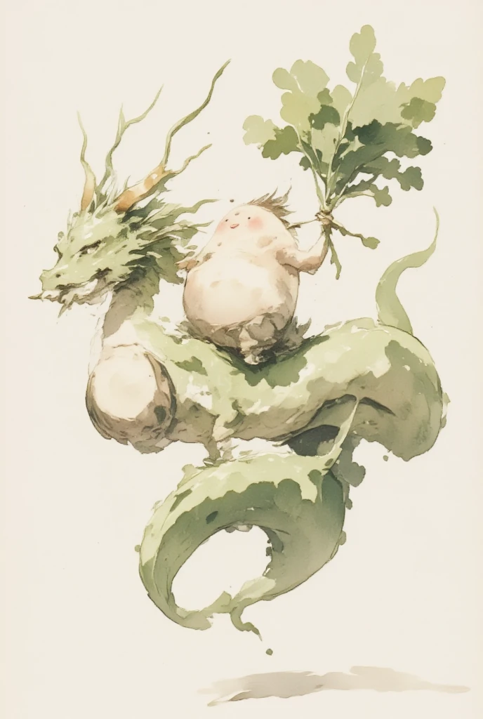   daikon riding a dragon ,  daikon holding a denden drum in his hand, Cute daikon ,  daikon has red round cheeks , 美しいInk Painting, Powerful dragon, Ink Painting