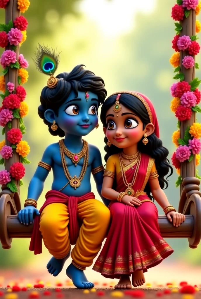 A small girl and boy sitting with each other a boys skin is blue in color and thay both waring a crown full of flowers a boy have a peacock father in his crown thay are sitting on a rock between the flowers and animals thay are chubby