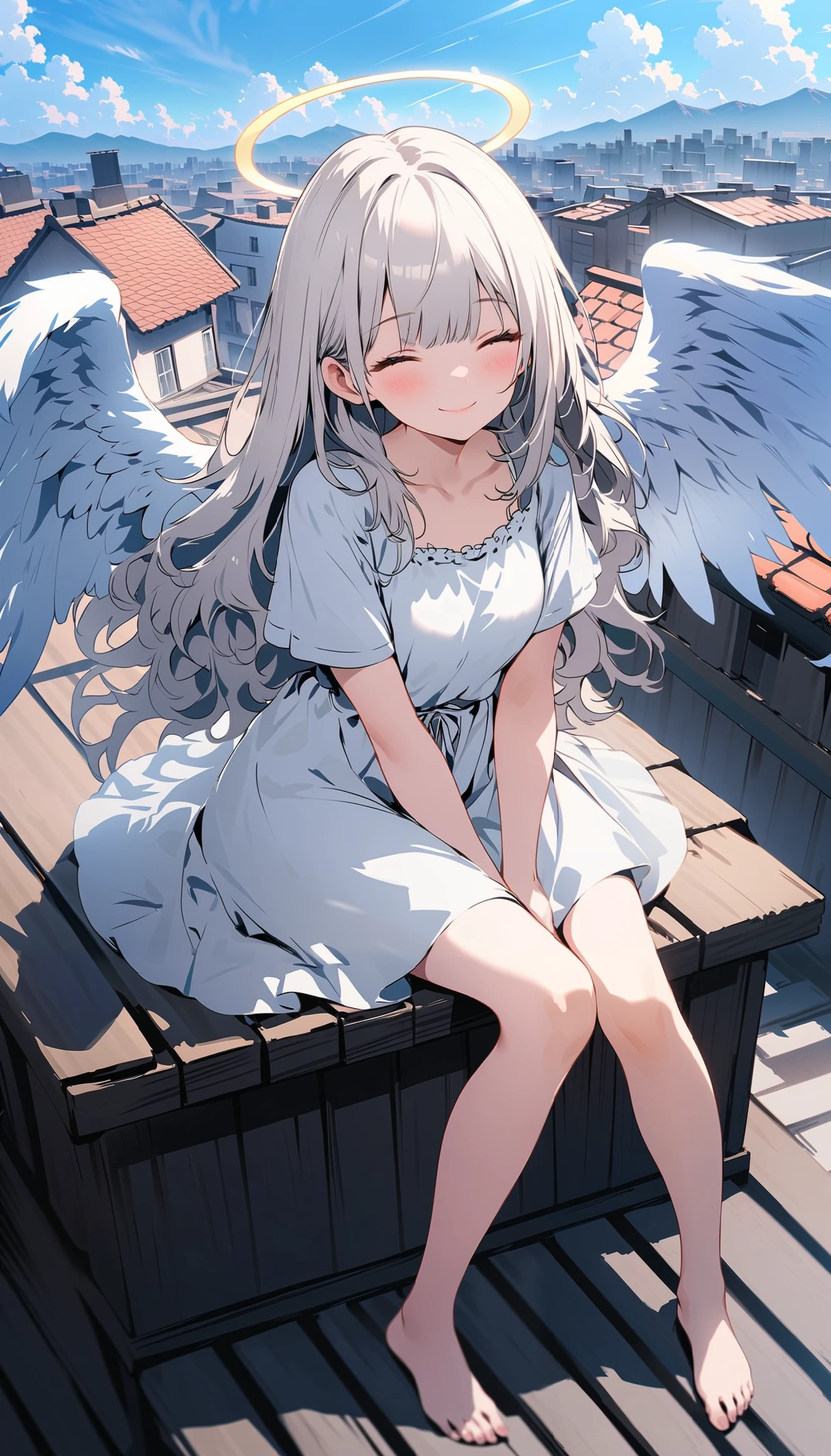 anime, anime girl, Angel, wing, Gray Hair, black wing, White Dress, an anime drawing by Kamagurka, Topics on pixiv, Conceptual Art, Gray Haired deity, Digital art on pixiv, pixiv artstationのguweiz, beautiful anime art, (anime girl), of an beautiful Angel girl, anime girl with long hair